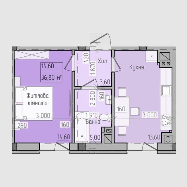 Планування: 1-кімнатна · 36,8 м²