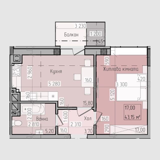 Планування: 1-кімнатна · 43,15 м²
