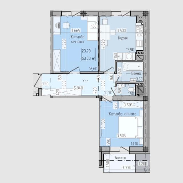 Планування: 2-кімнатна · 60 м²