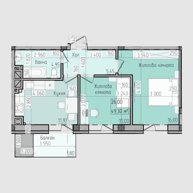 Планування: 2-кімнатна · 49,3 м²