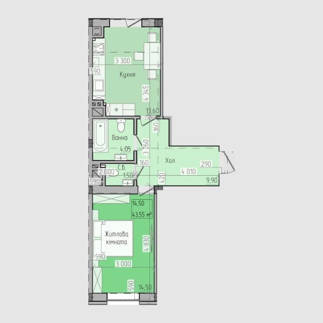 Планування: 1-кімнатна · 43,55 м²