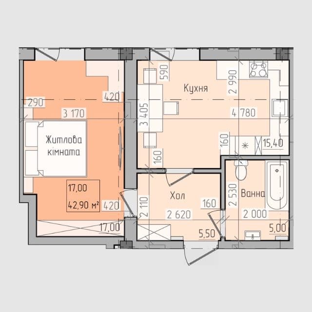 Планування: 1-кімнатна · 42,9 м²