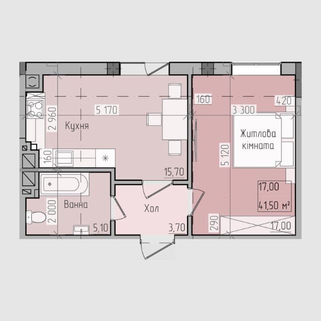 Планування: 1-кімнатна · 41,5 м²