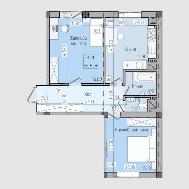 Планування: 2-кімнатна · 58,3 м²