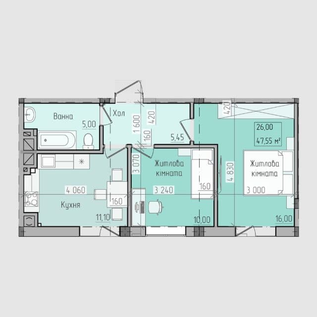 Планування: 2-кімнатна · 47,55 м²