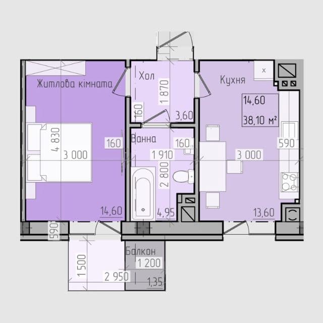 Планування: 1-кімнатна · 38,1 м²