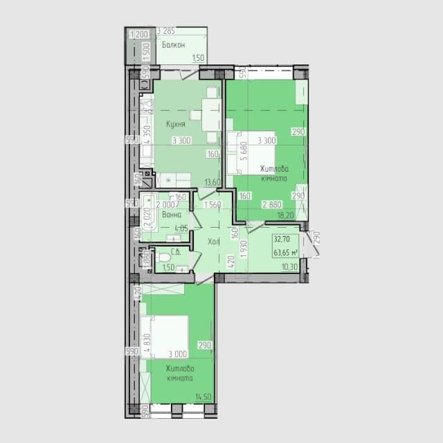Планування: 2-кімнатна · 63,65 м²